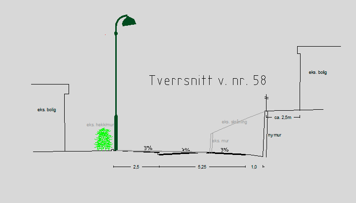 Tverrsnitt av ny og gammel vei ved hus nr. 18 Tverrsnitt av ny og gammel vei ved hus nr.