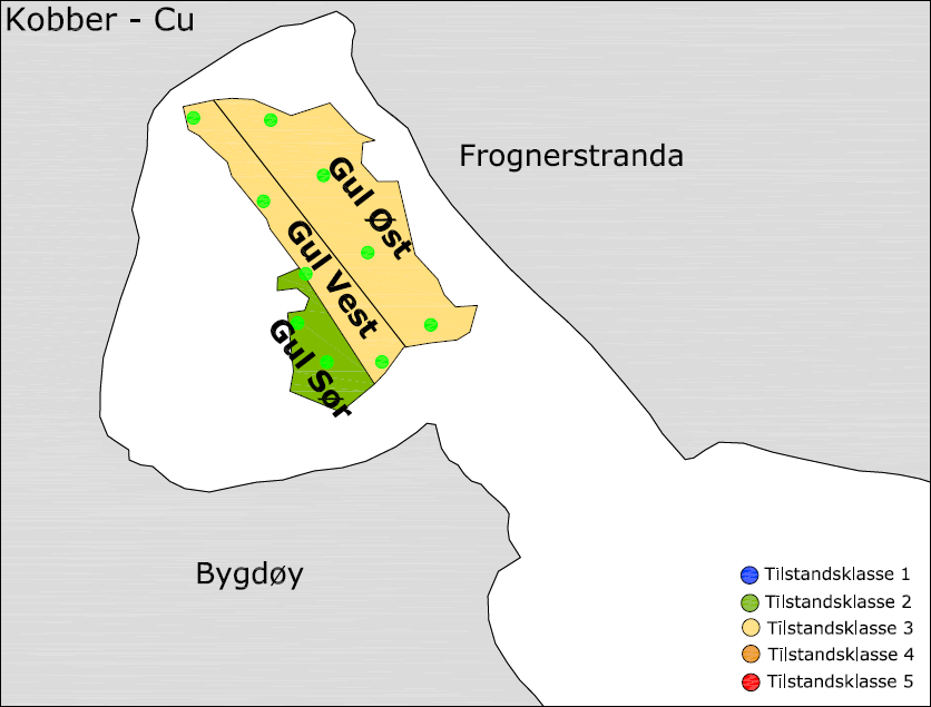 Figur 12. Kart over Frognerkilen som viser innhold av arsen, bly, kadmium, kobber, krom og kvikksølv i overflatesedimenter (0-10cm) i mudringsfeltene Gul øst vest og sør.