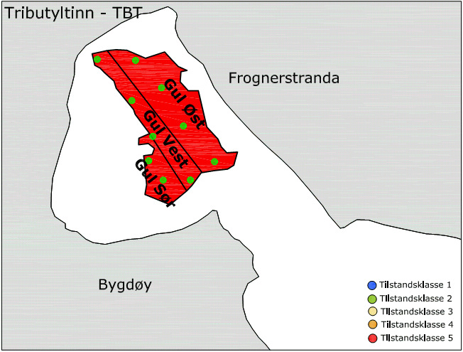 Figur 13. Kart over Frognerkilen som viser innhold av nikkel, sink, benzo(a)pyren, PAH16, PCB7 og TBT i overflatesedimenter (0-10cm) i mudringsfeltene Gul øst, vest og sør.