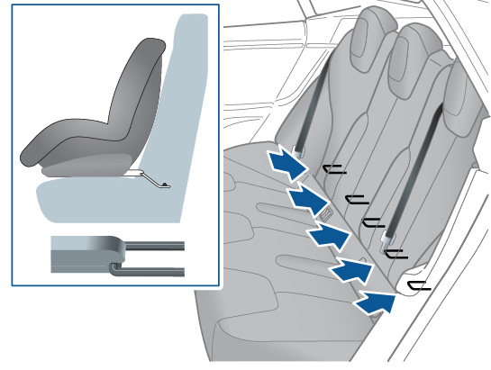 Monter et barnesete med ISOFIX-fester ved å skyve setelåsene på forankringslistene til det klikker på plass. Les og følg de detaljerte instruksjonene fra produsenten av barnesetet nøye.