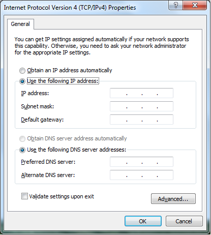 4. Klikk på Internet Protocol versjon 4 (TCP/IPv4) og klikk Egenskaper. 5. Velg Bruk følgende IP-adresse. 6. Angi IP-adresse, Nettverksmaske og Standard gateway.