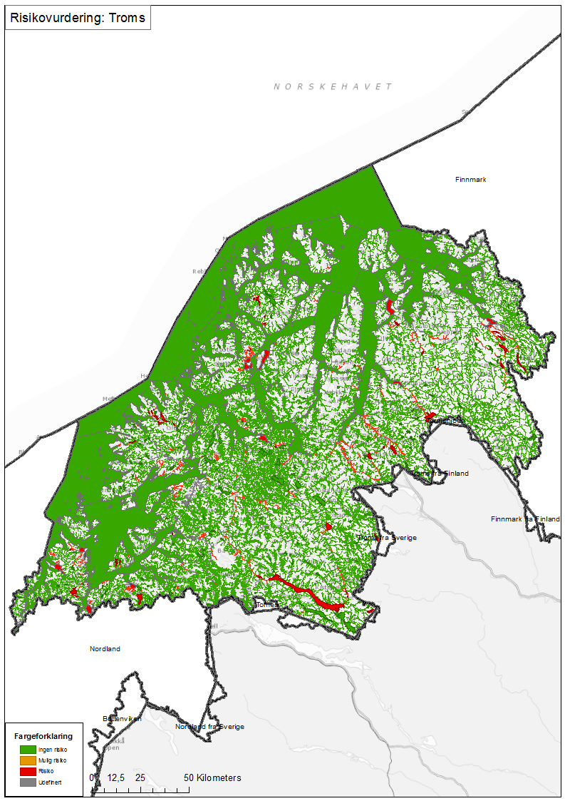 Som en ser av tabell 3.1 er det 18,5 % av vannforekomstene i vannregion Troms som er i risiko for ikke å oppnå miljømålene innen 2021. 3,5 % er udefinert- dvs.