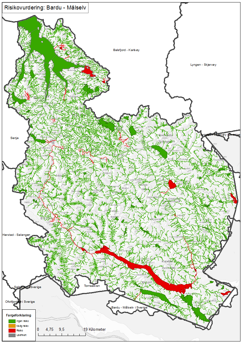 3.2.3 Vannområdet Bardu-Målselv Figur 3.4 Overordnet kart for vannområdet Bardu-Målselv. Risikostatus for de enkelte vannforekomster vises med ulik farge.
