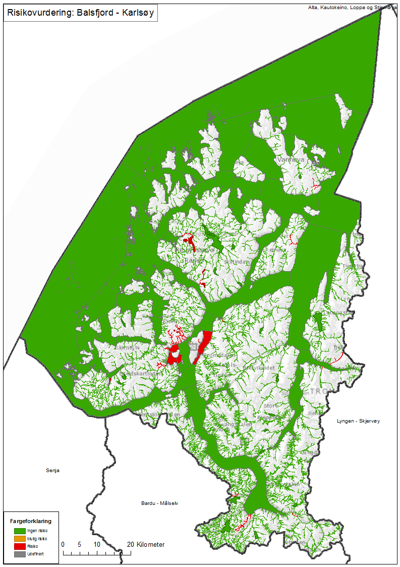 3.2.4 Vannområdet Balsfjord- Figur 3.5 Overordnet kart for vannområdet Balsfjord-. Risikostatus for de enkelte vannforekomster vises med ulik farge.