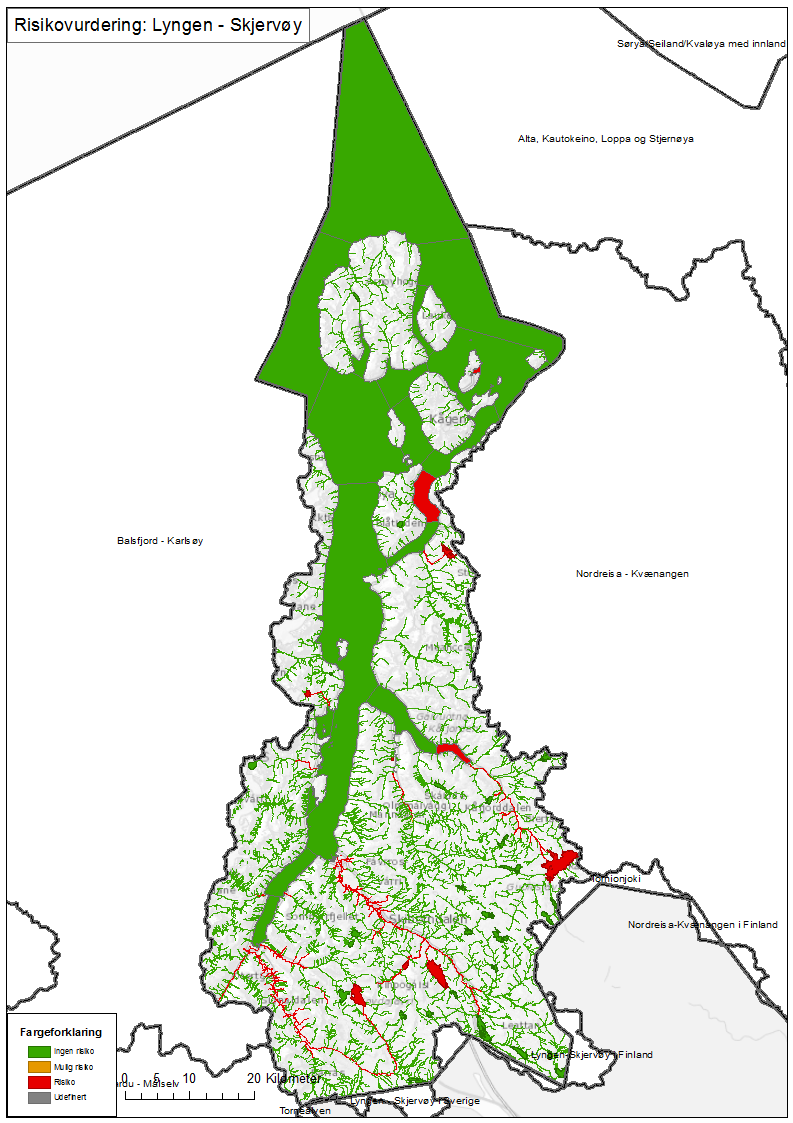 3.2.5 Vannområdet Lyngen-Skjervøy Figur 3.6 Overordnet kart for vannområdet Lyngen-Skjervøy. Risikostatus for de enkelte vannforekomster vises med ulik farge.