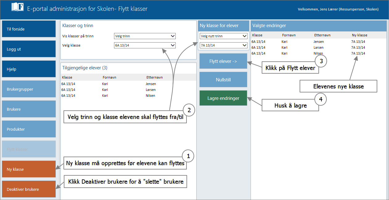 FLYTTE KLASSER Ved flytting av klasser klikk på Flytt klasser. Her presenteres oversikten over alle tilgjengelige elever som kan flyttes. 1.