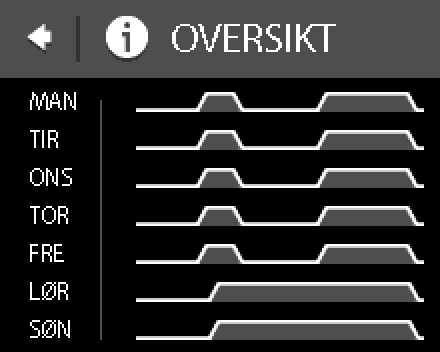 2. Trykk TIDSUR i øverste venstre hjørne på menyen. Trykk deretter JUSTER TIDSPLAN 3. Trykk informasjonsikonet nederst til høyre i skjermbildet VELG DAG.