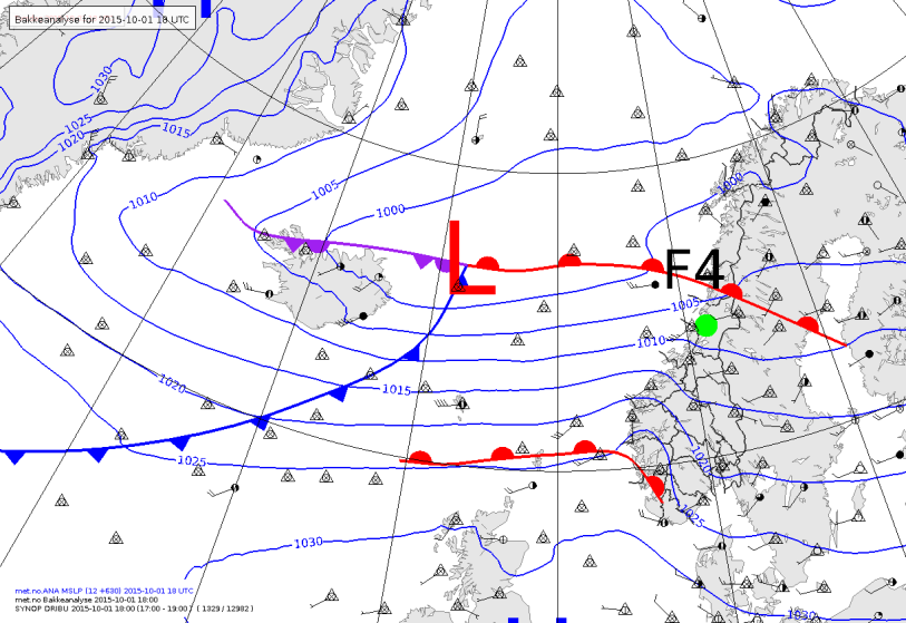 Figur 1: Værsituasjonen onsdag 30. september 2015 kl 18 UTC.