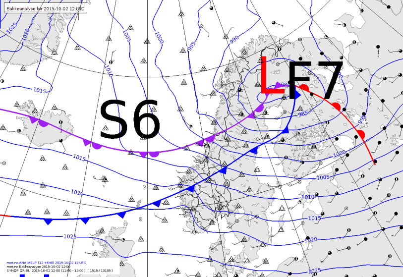 Figur 4: Værsituasjonen fredag 2. oktober 2015 kl 00 UTC.