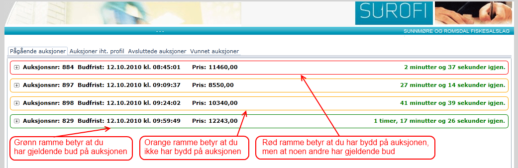 Tilgang Du logger på elektroniske sedler hos SUROFI som vanlig. I menyen finner du menypunktet Auksjon som fører til Auksjonen.