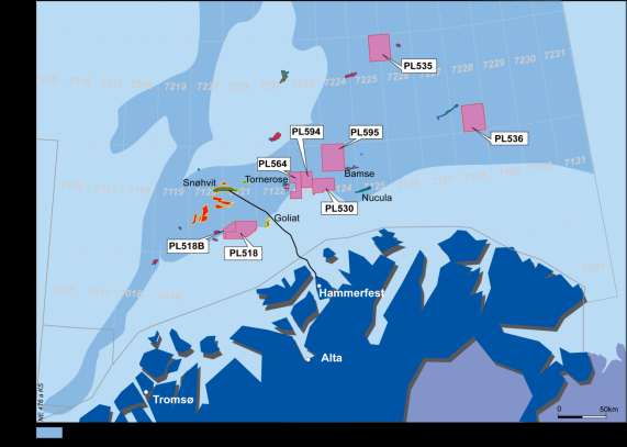 To nye lisenser i Barentshavet PL 594 Blokk 7123/5 Statoil (O) 40% North Energy 20% OMV 20% Wintershall 20% PL 595 Blokk 7124/1,2