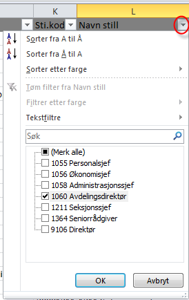 Bruk deretter nytt filter for kolonne Navn på stillingskode eller kolonne Etternavn for å finne toppleder. Finn yrkeskode på SSBs hjemmesider.
