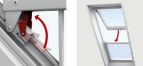 Hvis rammen er for lett eller tung til å åpne, juster fjæren som vist på tegning. Justeringen avhenger av takvinkelen Det nederste vinduet kan deretter vippes ut til loddrett stilling.