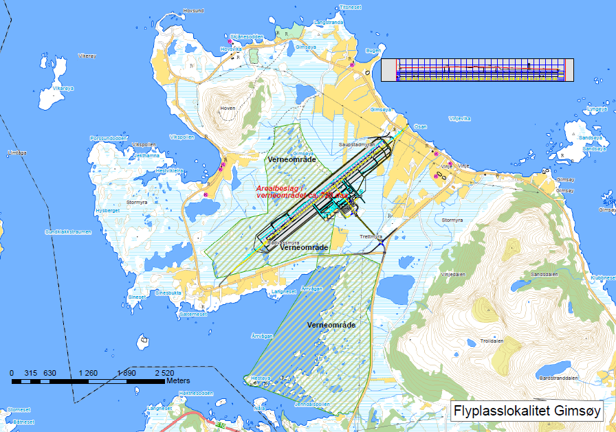 Figur 4.3: Mulig plassering av flyplass på Gimsøya, og verneområde. Illustrasjon fra Avinor.