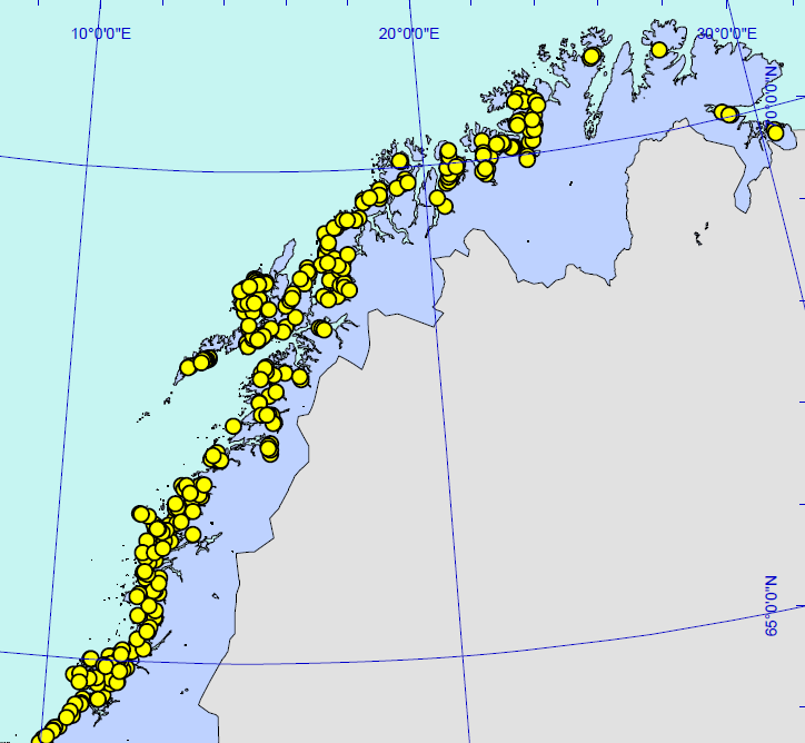 Figur 4.6 Matfiskanlegg for laksefisk, 2009. Kilde: Selvik m. fl. (2010:17) I 2010 ble 200 000 tonn makroalger høstet i Norge. De har en førstehåndsverdi på ca. 1,1 mrd. kr (Olafsen m.fl. 2012).