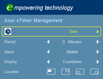 "Acer eview Management" er for valg av visningsmodus. Det henvises til avsnittet om skjermvisningsmenyer for mer informasjon.