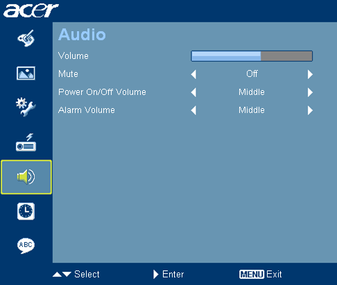 25 Audio (Lyd) Volume (Volum) Trykk på for å senke volumet. Trykk på for å øke volumet. Mute (Slå av lyden) Velg "On" (På) for å slå av lyden. Velg "Off" (Av) for å gjenopprette lyden.