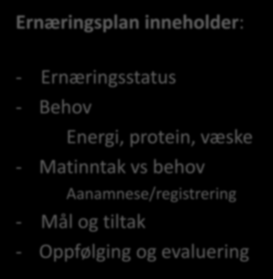 Ernæringsplan inneholder: Vurdere ernæringsstatus Samtale om behov for tilrettelegging og hjelp Lage ernæringsplan for pasienter i risiko