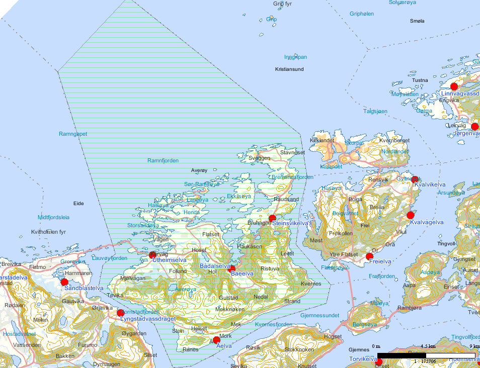 Vedlegg 2: Kart over kommuner på Nord-Møre med anadrome vassdrag. Røde punkter viser anadrome vassdrag.