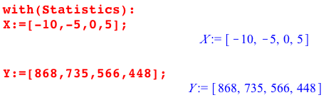 Når vi laster inn statistikkpakken og legger inn verditabelen som to lister, blir det slik: Nå skriver vi inn «Fit(a*x+b,X,Y,x);» og får utført regresjonen: Dette betyr at regresjonslinja er y =