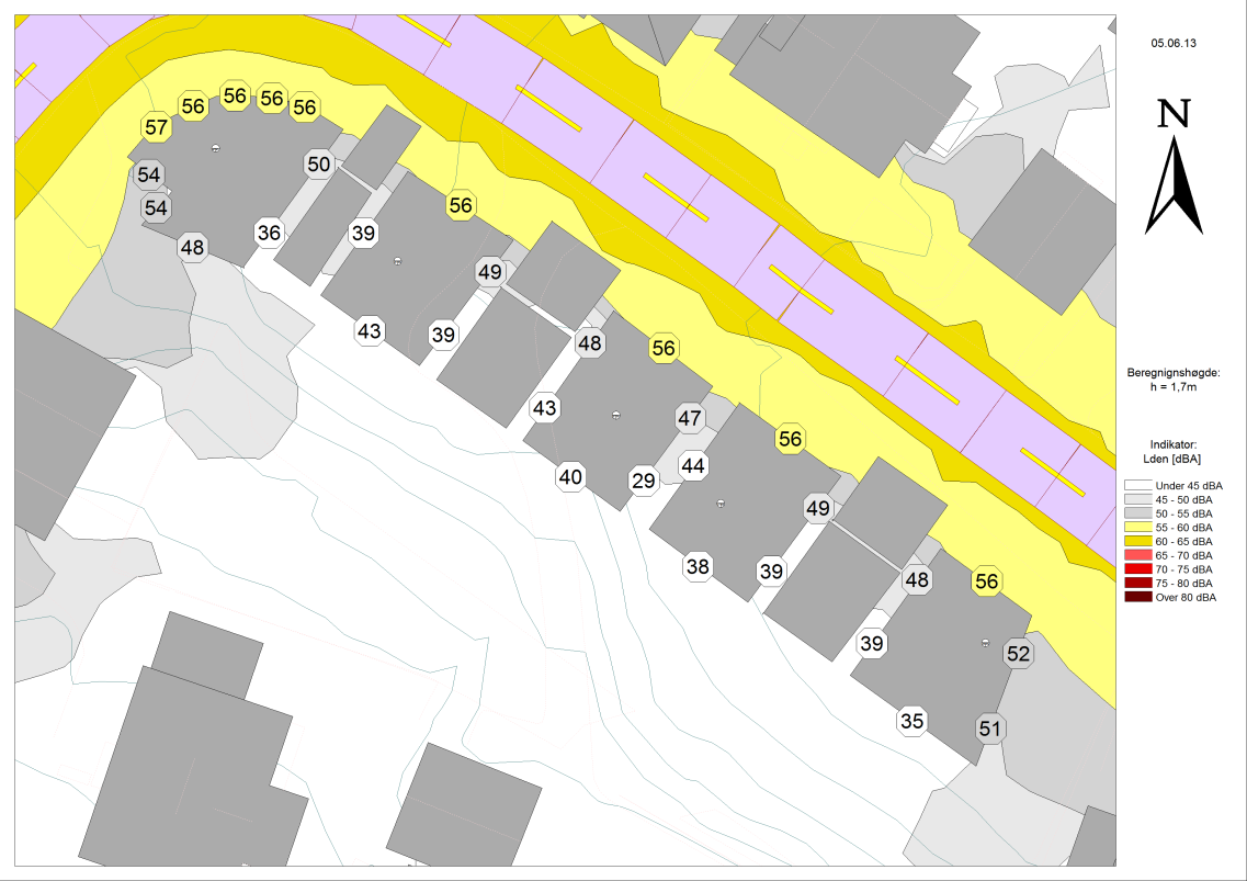 Figur 3 - Støysoner og lydnivå på fasade for planlagte boligbygg i 2. etasje. Beregningshøyde støysonekart er 1,7 meter over terreng.