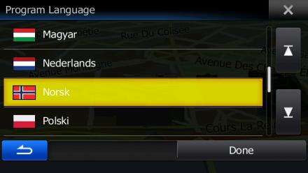 2 Komme i gang Når du bruker navigasjonsprogramvaren for første gang, starter et innledende oppsett automatisk: Gjør følgende: 1. Velg det skriftlige språket for grensesnittet i programmet.