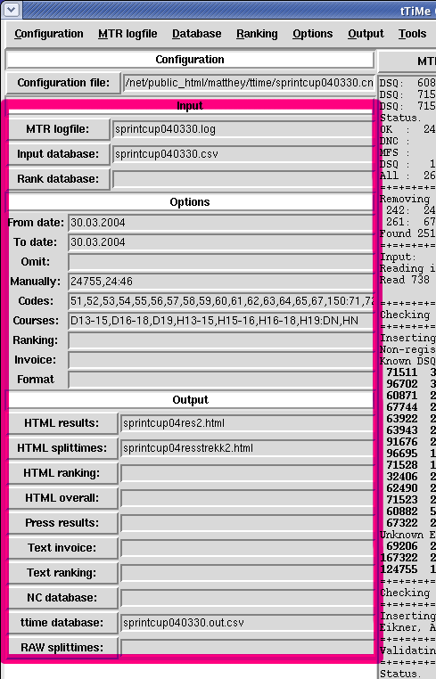 Database med løperne (navn, brikke, klasse,...) som redigeres med TTIME (*.csv filer) Loggfil(er) fra MTR som inneholder brikker med tider og koder som lastes ned med TTIME (*.log filer).