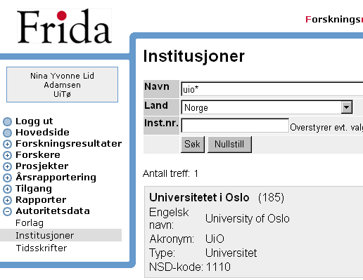 Figur 21 Institusjoner Autoritetsdata om institusjoner er nyttig å bruke når en skal registrere medforfattere fra andre institusjoner eller sjekke opp akronymer og stedtilhørighet.