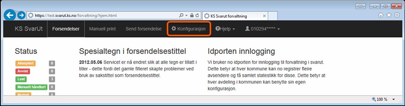 KS SvarUt Side 9 av 18 5. Konfigurasjon av SvarUt 5.1. Konfigurasjon av organisasjonen Klikk på «Konfigurasjon» i hovedmenyen.