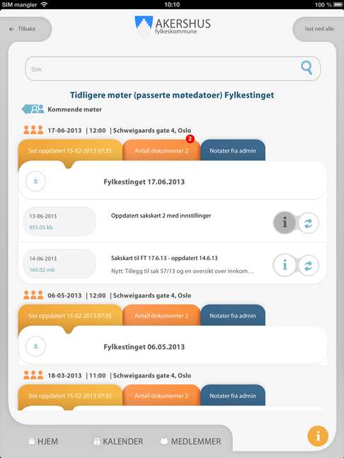 Når du har klikka på pilteiknet får du opp innhaldet i det konkrete møtet. Du vil då sjå alle dokument som er tilknytt møtet. Eg ser at det til dette møtet er to dokument.