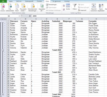 Delsammendrag Ta utgangspunkt i en dataliste Stå plassert i datalisten Velg Sorter og