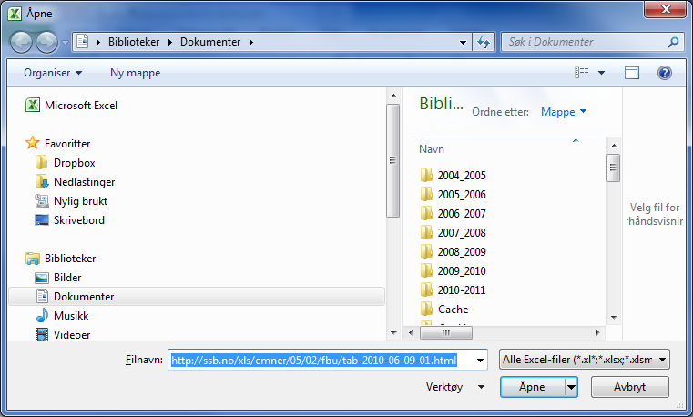 Endre URL en og kopier den inn i Excel Eksempel: http://ssb.no/emner/05/02/fbu/tab-2010-06-09-01.html - endres til: http://ssb.