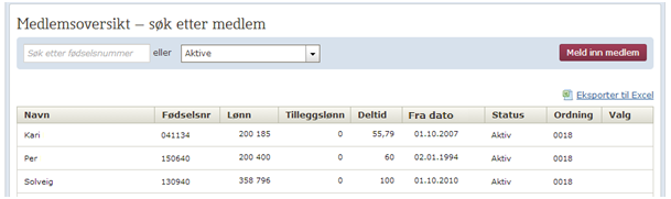 Fig. 1.4 Søk etter medlem (Oversikt over medlemmer) I Medlemsoversikten får en bruker også mulighet til å liste ut medlemmer og eksportere disse over til ett regneark.