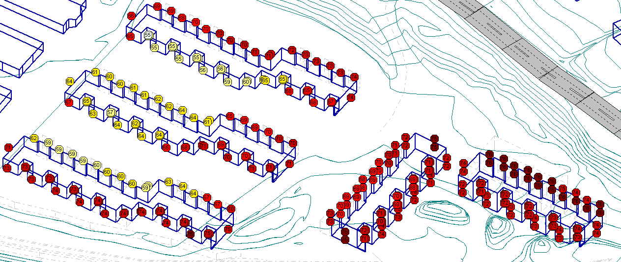 OMSORGSBOLIGER I MOSJØEN 7/8 Figur 3 Punktberegninger av L den på fasade (uten skjermingstiltak).