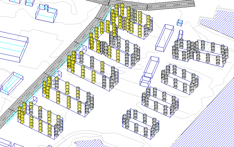 1/11 GRESSVIK BRUK: STØYUTREDNING Figur : Støynivå LAF ved fasadene (uten refleksjonsbidrag fra egen fasade) med tiltak i form av støyskjerm, sett fra sør.