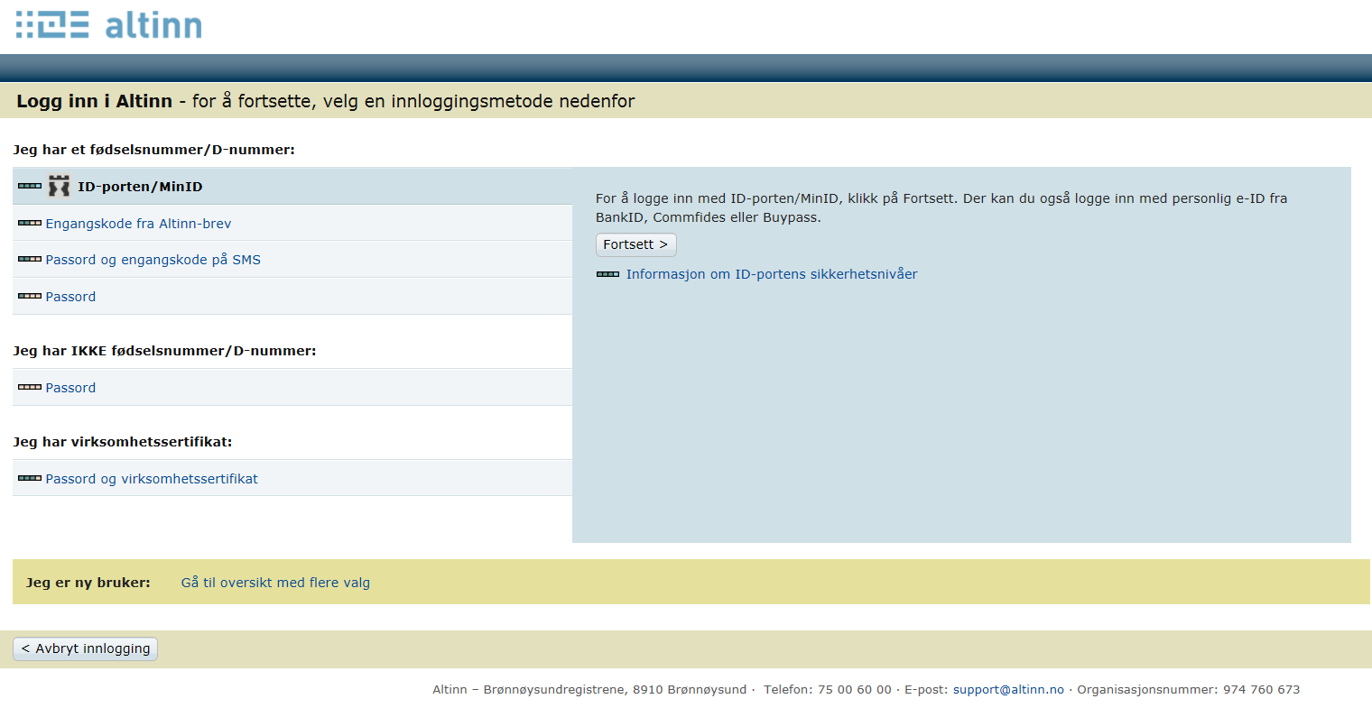 Slik logger du inn 1 2 3 ID-porten (bilde 1): Du kommer direkte til ID-porten når du åpner skjemaet via skatteetaten.no. 1. Fra ID-porten kan du velge det påloggingsalternativet du foretrekker. 2. Klikk "Gå videre til flere innloggingsmetoder" hvis du trenger å gå til påloggingsbildet til Altinn (bilde 2), som inneholder andre alternativer.