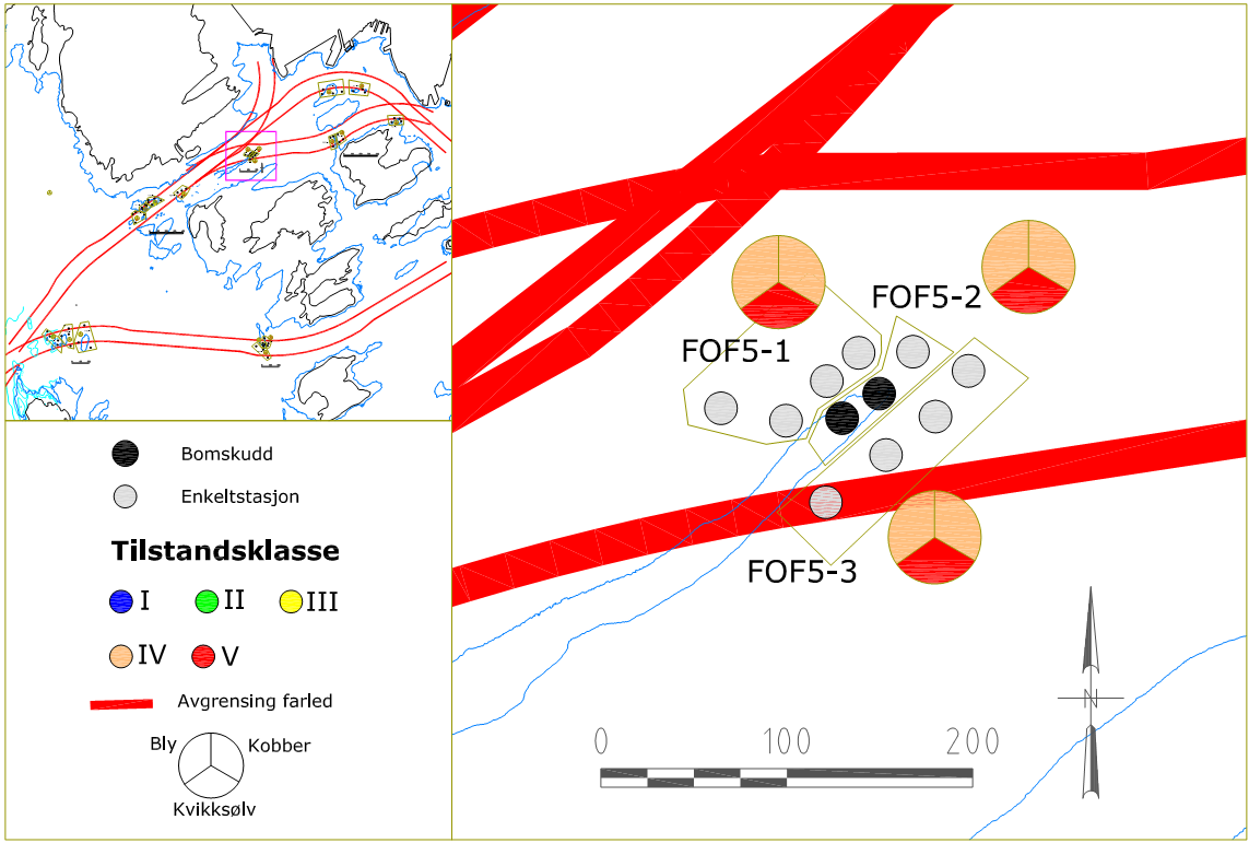 26 (78) FARLED INDRE OSLOFJORD Figur 18: Kart over grunnene ved Hukflakene og Kobbernaglen i Indre Oslofjord (FOF3 og FOF4), med kakediagram som viser tilstandsklassene til PAH16, PCB7 og TBT ved