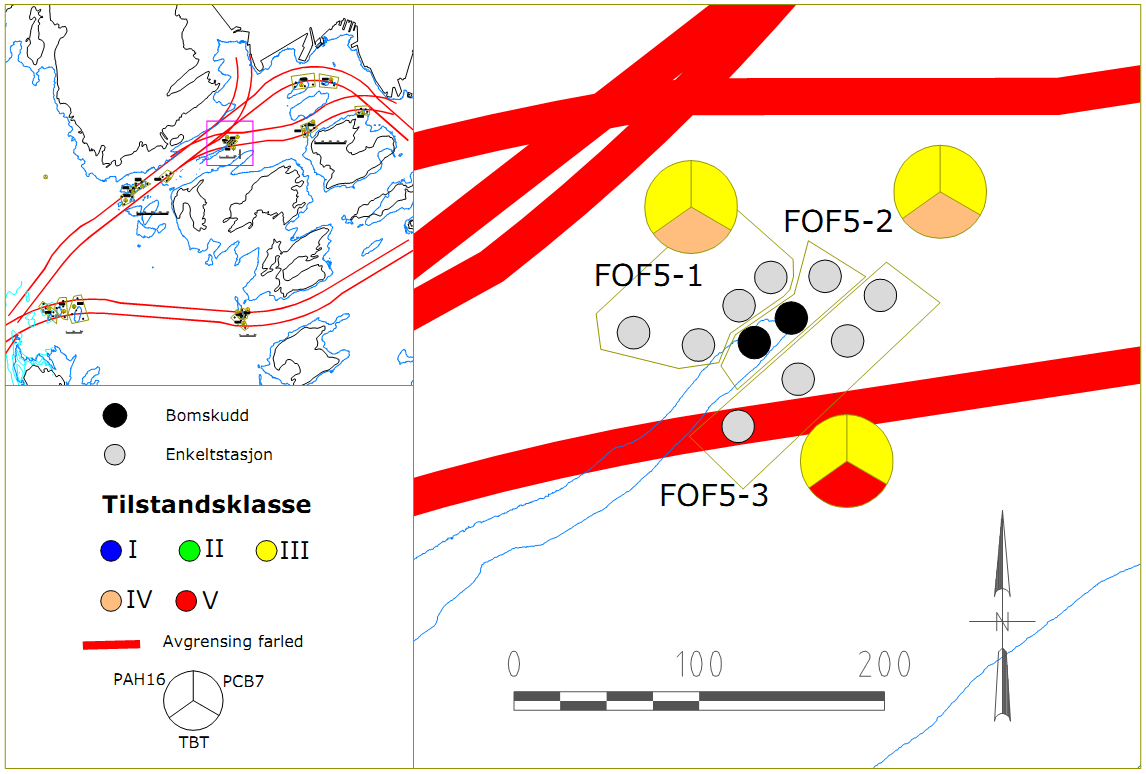 FARLED INDRE OSLOFJORD 27 (78) Figur 20: Kart over grunne ved Galteskjær i Indre Oslofjord (FOF5), med kakediagram som viser tilstandsklassene til PAH16, PCB7 og TBT ved hver prøvestasjon.