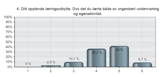 4. Ditt opplevde læringsutbytte. Dvs det du lærte både av organisert undervisning og egenaktivitet.