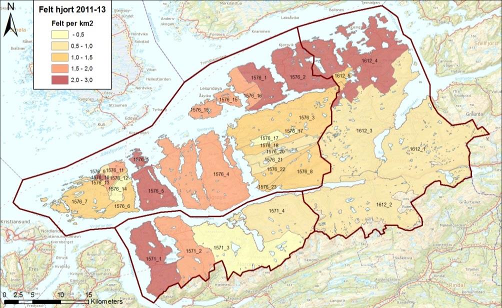 1991 1993 1995 1997 1999 2001 2003 2005 2007 2009 2011 Målsettinger for forvaltningen av hjortevilt i kommunene Aure, En økende bestandstetthet fører til økt belastning på sommer- og vinterbeitene,