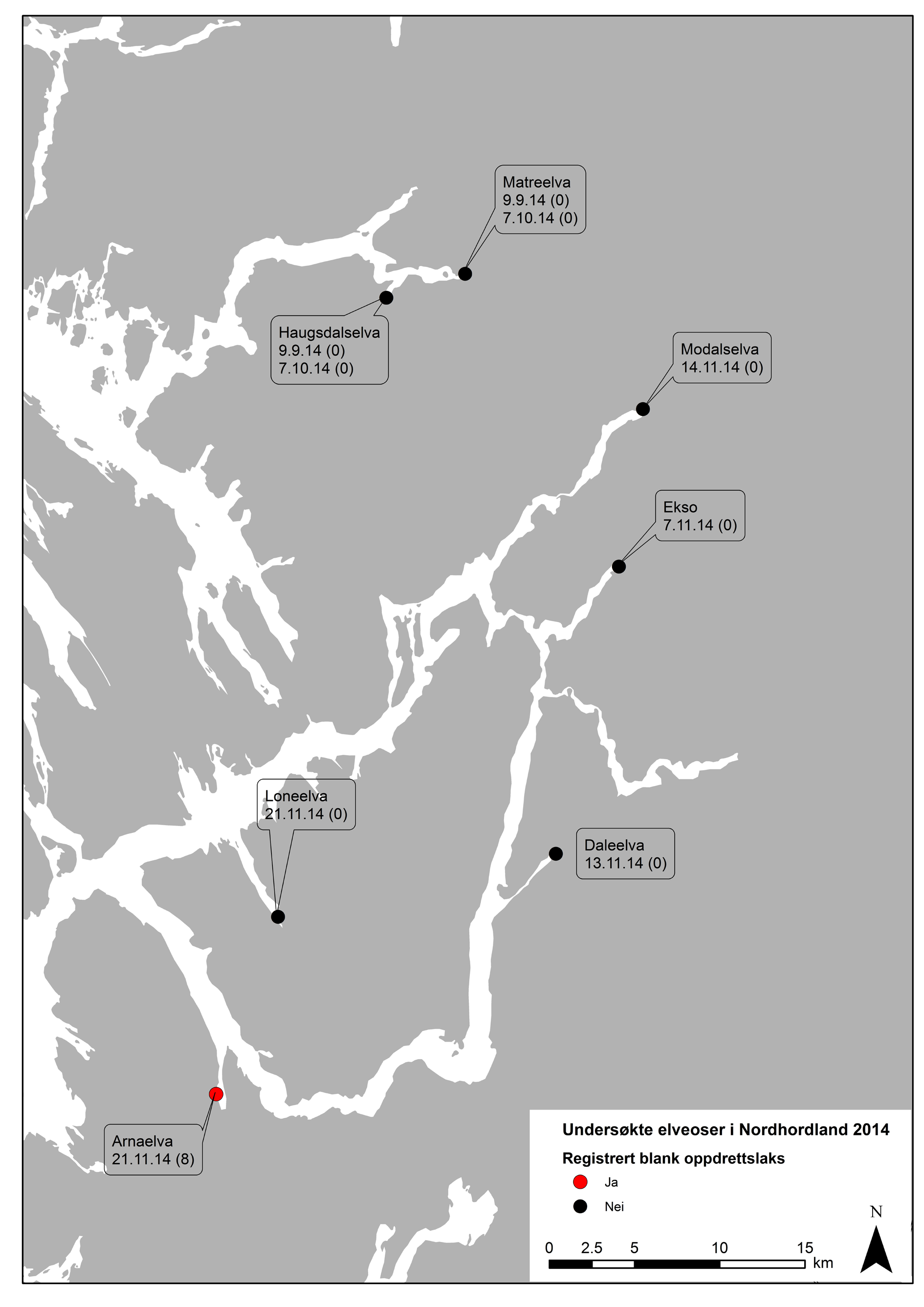 Figur 21. Oversikt over registrert blank oppdrettslaks i vassdrag i Nordhordland høsten 2014. Siste, evt.