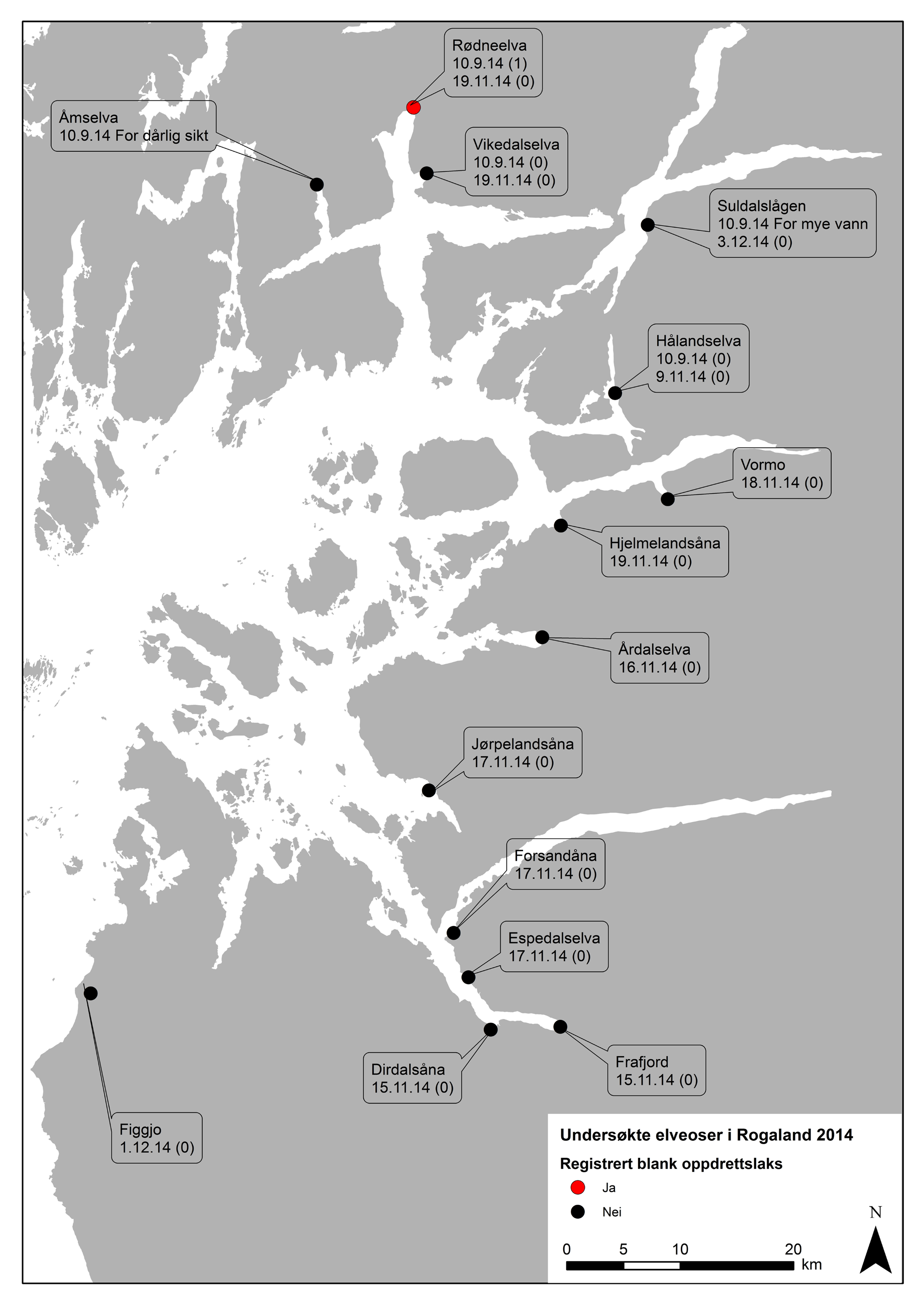 Figur 22. Oversikt over registrert blank oppdrettslaks i vassdrag i Rogaland høsten 2014. Siste, evt.