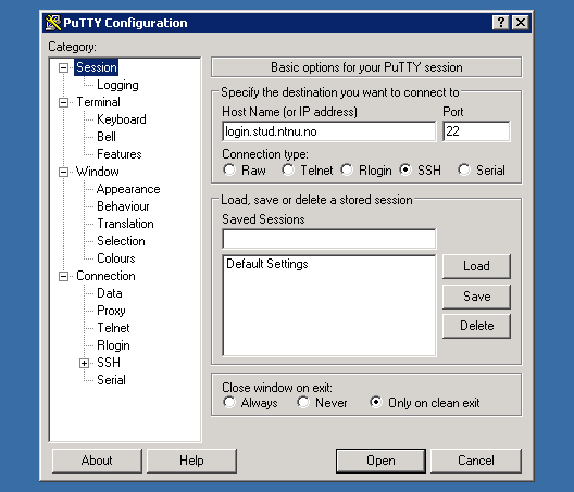 Innledning PuTTY (2): Hvor vil du? Gå tilbake til «Session». I feltet «Host name» skriver du navnet på maskinen du vil koble til.