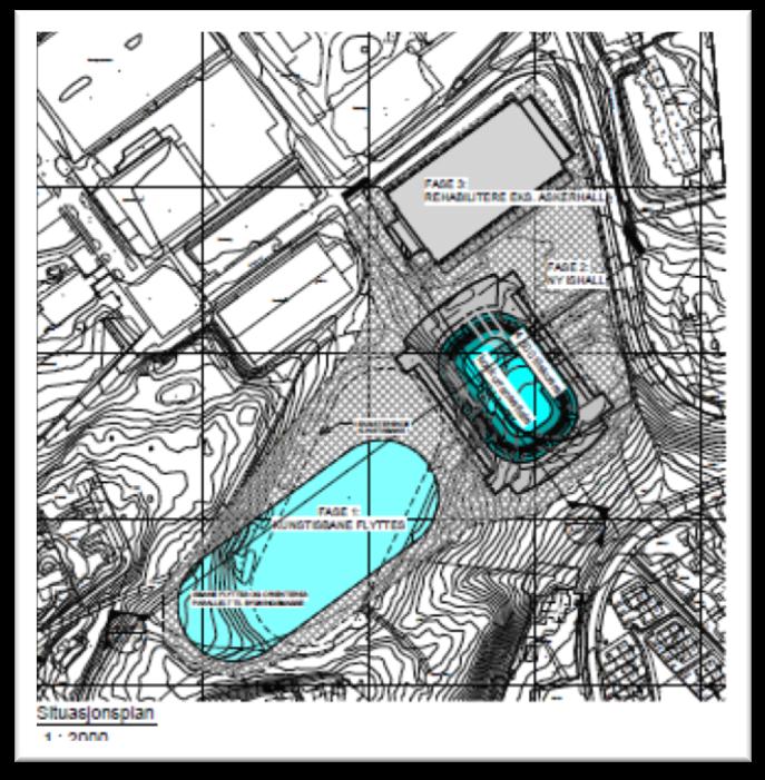 8.2 Plassering på Risengaområdet Alternativ 1 arena tilskuerkapasitet ca 4 400 Situasjonsplanen viser en mulig plassering av ny ishall, sentralt plassert i nærheten av Askerhallen, med adkomst mellom