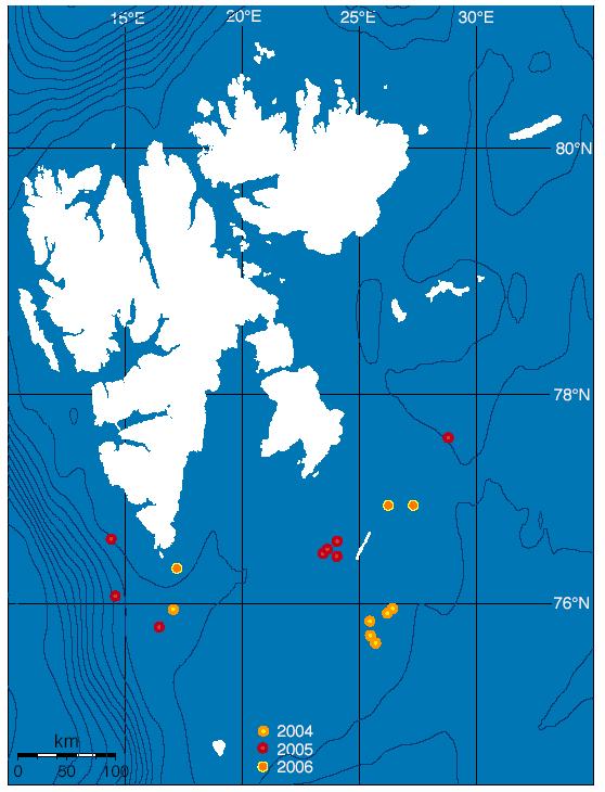 2.0 MATERIALER OG METODER 2.1 Datainnsamling Alle selene i dette materialet ble innsamlet under Havforskningsinstituttets forskningstokt sør og øst for Spitsbergen i mai-juni 2004, 2005 og 2006.