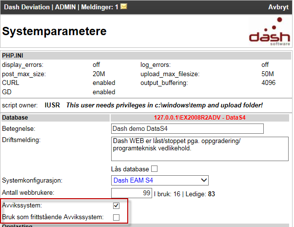 7.0.7 Avviksmodul Avviksbehandling (kun) i Dash-web. Systemet må aktiveres under Systeminnstillinger av Dash Software.