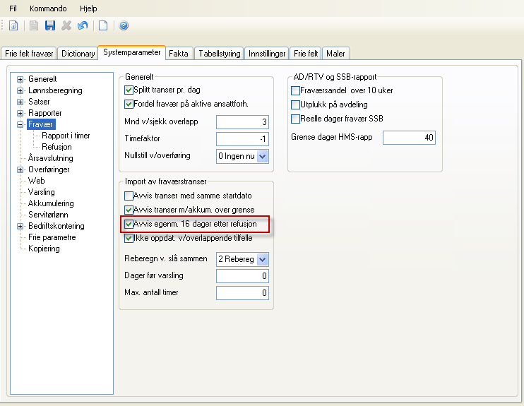 Hvis du ønsker å få samme kontroll ved import av fravær merker du feltet Avvis egenm. 16 dager etter refusjon i menyvalg Systemparameter Fravær. 2.14.