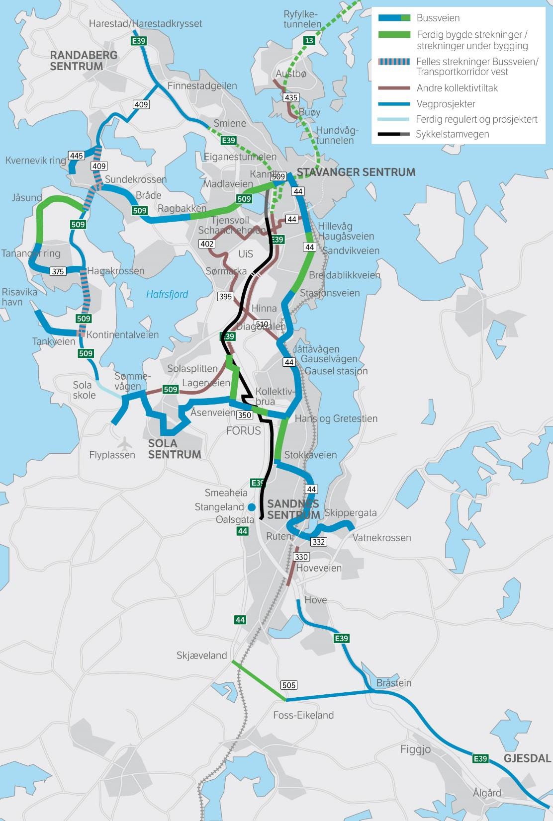 Bypakke Nord-Jæren De store prosjektene i bypakken: Sykkelstamvegen Bussveien Transportkorridor Vest E39 Hove