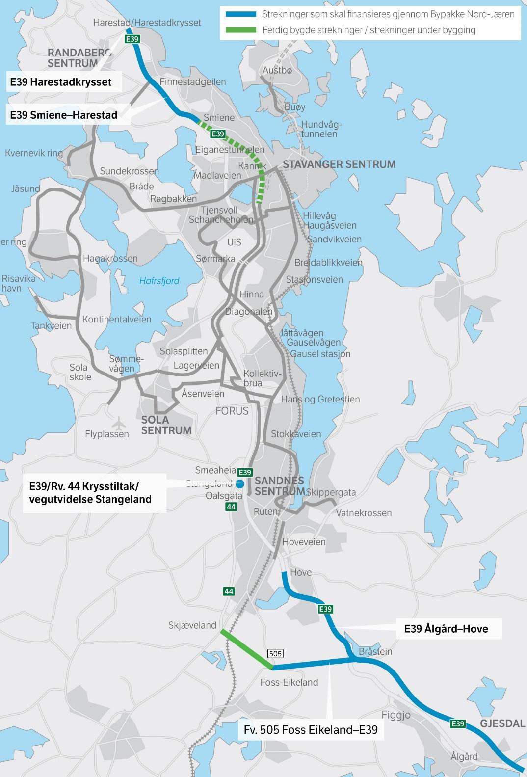 E39 Randaberg Ålgård: 26 km - 7 mrd. kr. Eiganestunnelen (under bygging): o 4-felt: 2.3 km veg 3.7 km tunnel o Byggeperiode 2013-2019 Sandved Hove (under bygging): o 1.