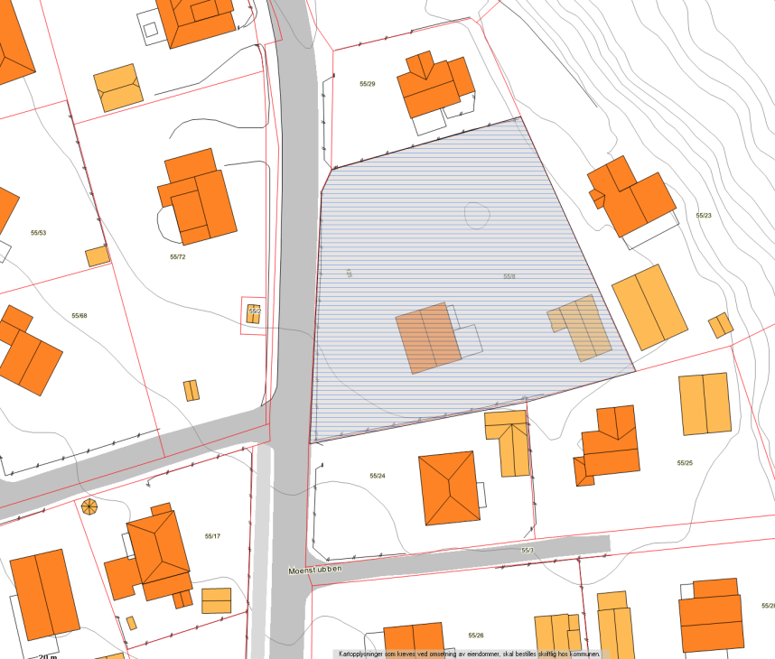 Kartutsnittet viser planområdet med naboeiendommer. 5.2 AREALBRUK Planområdet er i dag en boligtomt med en eldre enebolig og et falleferdig uthus.